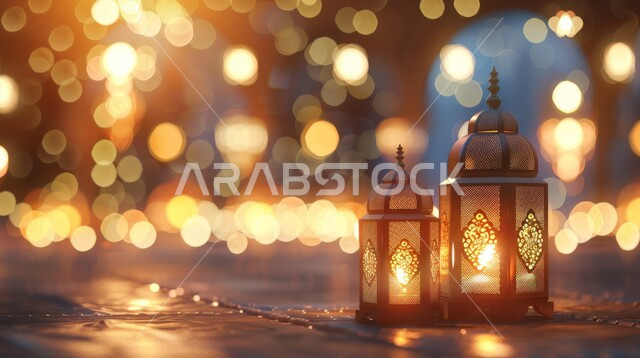 البهجة والفرح بقدوم شهر الخير، المصابيح المضيئة المتميزة, ديكورات وزينة رمضان المبارك, الفوانيس المعدنية التقليدية المزخرفة في الأجواء الروحانية، الاحتفال بالمناسبات والأعياد الدينية، خلفية ضبابية