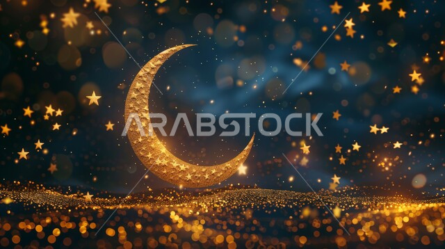 Antiques and accessories for the holy month of Ramadan, lights and decorations for holidays and religious occasions, the crescent of the month of goodness and blessing in golden color with stars, a greeting and congratulation card to celebrate the advent of the holy month, Islamic backgrounds