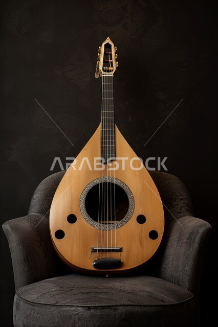 الإستمتاع بالعزف على الآلات الوترية الكلاسيكية، جلسة وناسة وطرب، بورتريه مقرب لآلة العود على الاريكة، مواهب فنية موسيقية، خلفية سوداء