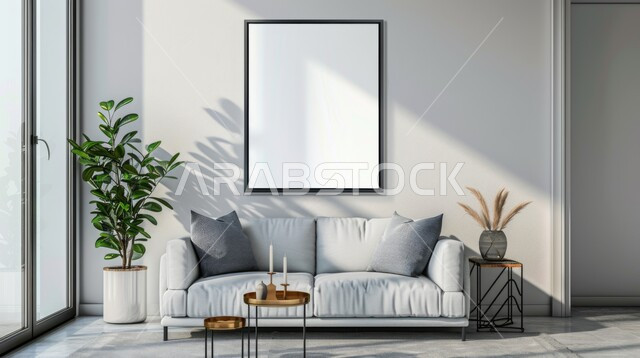 الاهتمام في نباتات الزينة الخضراء ,لوحات بيضاء فارغه معلقة, التصاميم الداخلية لغرف الجلوس على الطراز الحديث، غرفة معيشة مع أثاث منزلي فاخر باللون الابيض، ديكور داخلي راقي للفلل والشقق السكنية في المملكة العربية السعودية