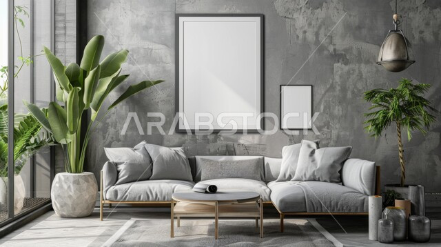  لوحات بيضاء فارغه معلقة, التصاميم الداخلية لغرف الجلوس على الطراز الحديث، غرفة معيشة مع أثاث منزلي فاخر باللون الابيض، ديكور داخلي راقي للفلل والشقق السكنية في المملكة العربية السعودية, الاهتمام في نباتات الزينة