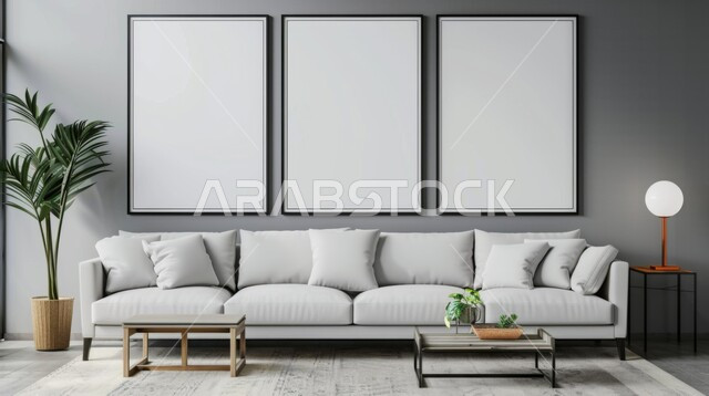  لوحات بيضاء فارغه معلقة, التصاميم الداخلية لغرف الجلوس على الطراز الحديث، غرفة معيشة مع أثاث منزلي فاخر باللون الابيض، ديكور داخلي راقي للفلل والشقق السكنية في المملكة العربية السعودية, الاهتمام في نباتات الزينة