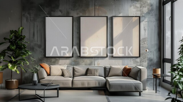 Hanging empty white paintings, interior designs for living rooms in a modern style, a living room with luxurious home furniture in white, sophisticated interior decor for villas and residential apartments in the Kingdom of Saudi Arabia, interest in ornamental plants