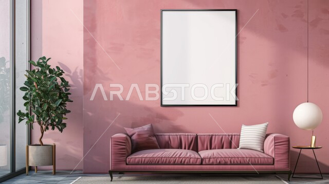 Sophisticated interior decor for villas and residential apartments in the Kingdom of Saudi Arabia, a living room with luxury home furniture in pink, empty white paintings hanging, interior designs for living rooms in a modern style, interest in green ornamental plants