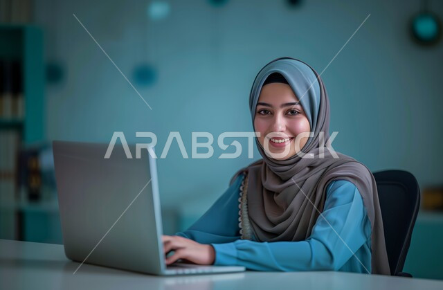 الشركات والمكاتب في المملكة العربية السعودية، النظر إلى الكاميرا بإيماءات البهجة والسرور، استخدام الأجهزة التكنولوجية الحديثة والمتطورة، مهن ووظائف ادارية مكتبية, إدارة شؤون الأعمال وتنظيمها، موظفة عربية خليجية سعودية محجبة تقوم بالعمل على الحاسوب داخل المكتب