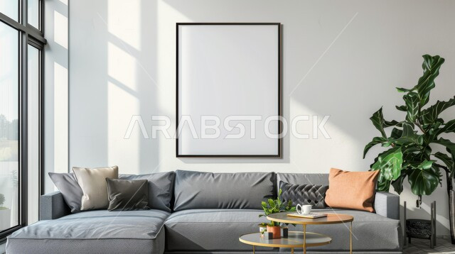 لوحات بيضاء فارغه معلقة, الاهتمام في نباتات الزينة الخضراء ,غرفة جلوس مع أثاث منزلي فاخر باللون الرمادي ، ديكور داخلي راقي للفلل والشقق السكنية في المملكة العربية السعودية, التصاميم الداخلية لغرف الجلوس على الطراز الحديث