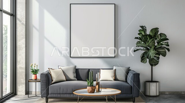 لوحات بيضاء فارغه معلقة, الاهتمام في نباتات الزينة الخضراء ,غرفة جلوس مع أثاث منزلي فاخر باللون الرمادي ، ديكور داخلي راقي للفلل والشقق السكنية في المملكة العربية السعودية, التصاميم الداخلية لغرف الجلوس على الطراز الحديث