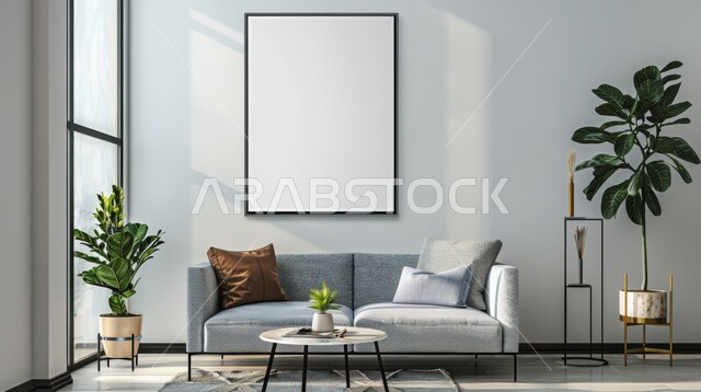 لوحات بيضاء فارغه معلقة, الاهتمام في نباتات الزينة الخضراء ,غرفة جلوس مع أثاث منزلي فاخر باللون الرمادي ، ديكور داخلي راقي للفلل والشقق السكنية في المملكة العربية السعودية, التصاميم الداخلية لغرف الجلوس على الطراز الحديث