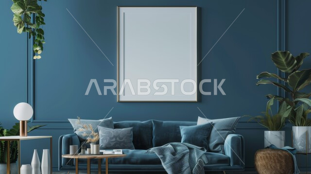 Sophisticated interior decor for villas and residential apartments in the Kingdom of Saudi Arabia, interior designs for living rooms in a modern style, a living room with luxurious home furniture in blue, hanging empty white paintings, interest in green ornamental plants