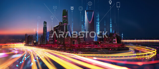 Growth and urban progress in the Kingdom of Saudi Arabia, traffic in the streets of Riyadh at night, towers and skyscrapers and development in architecture, lights of buildings and cars in the capital