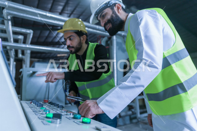 مهندسان  سعوديان عاملان يشرفان في داخل المصنع في المملكة العربية السعودية , إرتداء خوذة وسترة الحماية الخاصة بالعمل , العامل المسؤول بخوذة صفراء , المهندس المشرف بخوذة بيضاء , فحص المعدات بأنفسهم , تدقيق العمل , الإشراف والنقاش في العمل