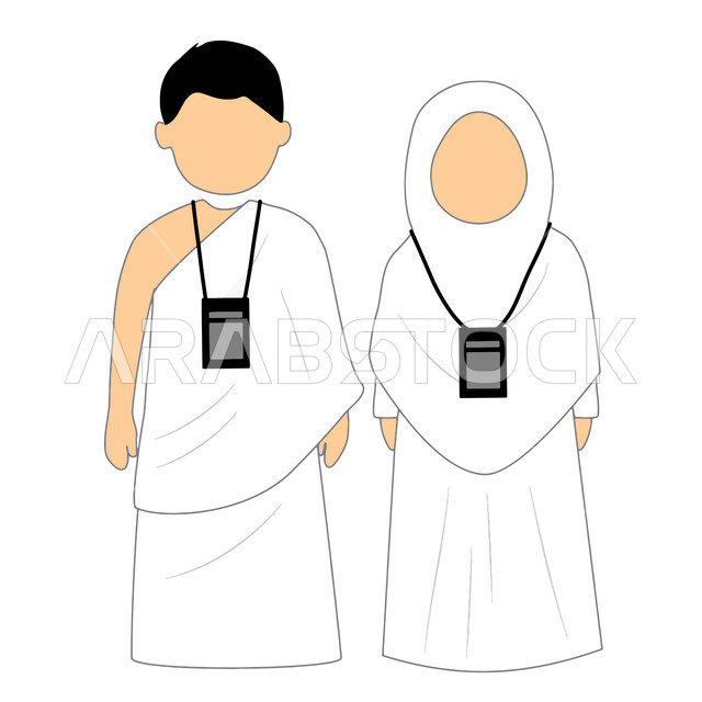 الاستعداد لأداء مناسك الحج، رسوم توضيحية لزوجين عربيين خليجيين سعوديين يرتديان لباس الأحرام ويضعان البطاقة التعريفية على رقبتهم، العبادة والتقرب الى الله، موسم زيارة بيت الله الحرام في مكة المكرمة، خلفية بيضاء