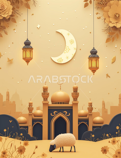 خلفيات عيد الأضحى المبارك, بطاقة تهنئة بالمناسبات والأعياد الإسلامية بخلفية بيج, الخروف الأبيض والفوانيس المضيئة فوق القبب والمآذن للمسجد الإسلامي, الهلال في السماء والنجوم اللامعة حوله