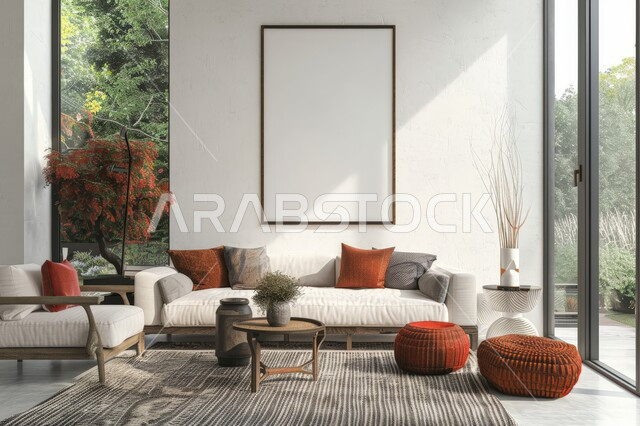 غرفة معيشة بتصاميم عصرية حديثة، ديكورات داخلية فاخرة, النوافذ والواجهات الزجاجية المطلة على الطبيعة، غرف جلوس بأثاث منزلي راقي، الاهتمام بنبات الزينة، فلل و قصور سكنية في المملكة العربية السعودية