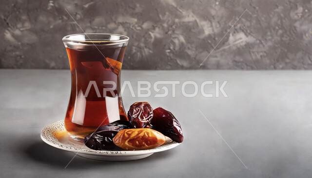 Local products and crops of Saudi Arabia, fresh dates with a cup of tea, hot healthy drinks, a meal with high nutritional value, a healthy and useful breakfast