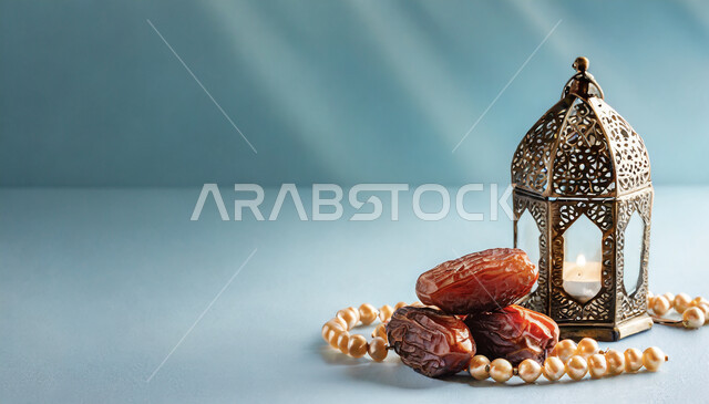 زينة وأنوار المناسبات الدينية، الالتزام والتمسك بالأذكار، ضيافة المناسبات والأعياد في المملكة العربية السعودية, وعاء مليء بالتمر بجانب سبحه مصنوعه من الخرز وفانوس معدني مزخرف، منتجات ومحاصيل وطنية محلية، خلفية زرقاء