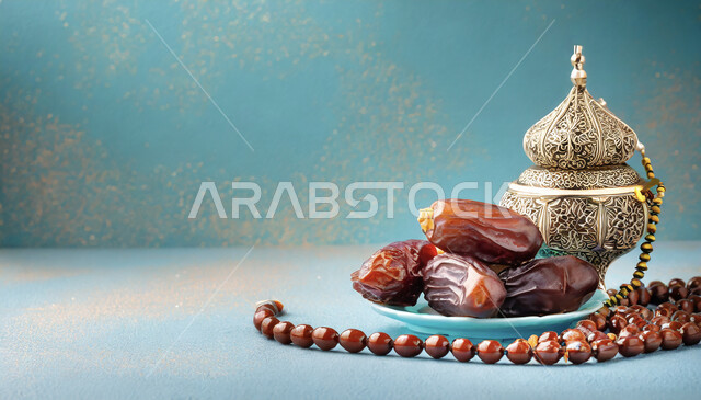 Decorations and lights for religious occasions, commitment and adherence to remembrances, hospitality for occasions and holidays in the Kingdom of Saudi Arabia, a bowl full of dates next to a rosary made of beads and a decorated metal lantern, local national products and crops, blue background