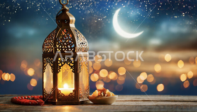 إضاءة وزينة شهر رمضان المبارك، الأجواء الرمضانية الروحانية, اكسسوارات الأعياد والمناسبات الاسلامية, فوانيس تقليدية معدنية مزخرفة مضيئة، فوانيس و تحف اسلامية للاحتفال بقدوم شهر الخير, منظر الهلال في السماء، خلفية الطبيعة