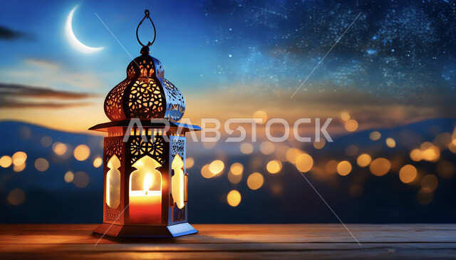 إضاءة وزينة شهر رمضان المبارك، الأجواء الرمضانية الروحانية, اكسسوارات الأعياد والمناسبات الاسلامية, فوانيس تقليدية معدنية مزخرفة مضيئة، فوانيس و تحف اسلامية للاحتفال بقدوم شهر الخير, منظر الهلال في السماء، خلفية الطبيعة