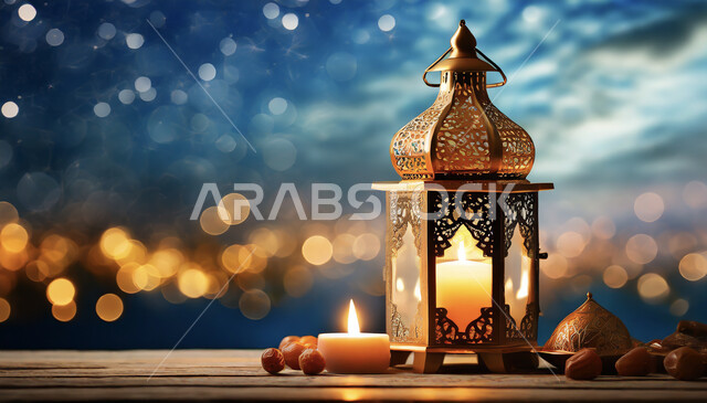 Lanterns and Islamic artifacts to celebrate the arrival of the month of goodness, accessories for Islamic holidays and occasions, traditional decorative illuminated metal lanterns, lighting and decorations for the holy month of Ramadan, spiritual Ramadan atmosphere, nature background