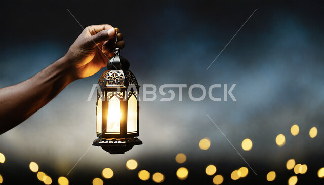 إضاءة وزينة شهر رمضان المبارك، فوانيس وتحف اسلامية للاحتفال بقدوم شهر الخير، صورة مقربة لأيدي رجل عربي خليجي سعودي يحمل فانوس معدني مضيء، ديكورات وأنوار في الأجواء الرمضانية الروحانية