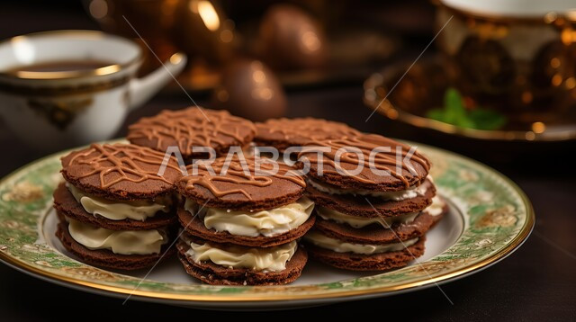 A plate of chocolate cookies with cream, oriental Arabic sweets, snacks served with coffee, fragile biscuit wafers, delicious fresh baked goods, and the art of presentation in restaurants in the Kingdom of Saudi Arabia