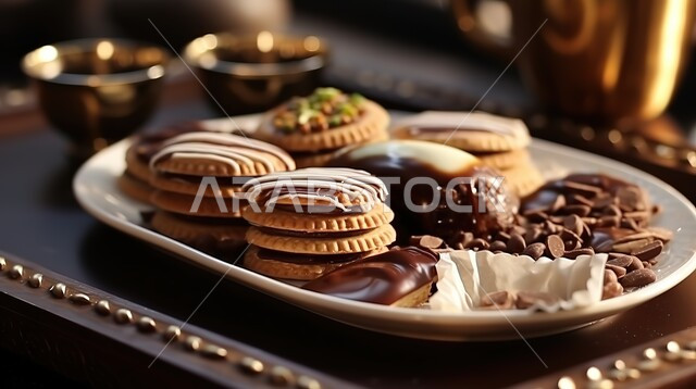A plate of chocolate cookies with cream, oriental Arabic sweets, snacks served with coffee, fragile biscuit wafers, delicious fresh baked goods, and the art of presentation in restaurants in the Kingdom of Saudi Arabia