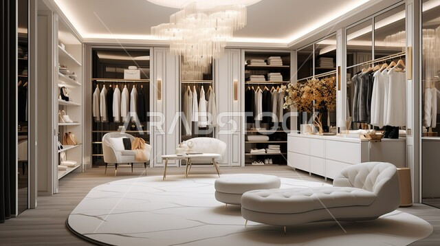 تصميم داخلي لغرفة ملابس على الطراز الحديث، أثاث منزلي أنيق ومريح، فنون الهندسة المعمارية والديكور على الطراز الحديث، غرف بتصميمات عصرية، شقق وفلل سكنية فاخرة في المملكة العربية السعودية