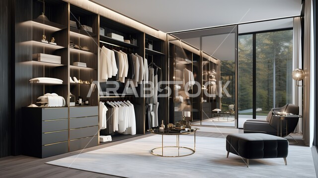 تصميم داخلي لغرفة ملابس على الطراز الحديث، أثاث منزلي أنيق ومريح، فنون الهندسة المعمارية والديكور على الطراز الحديث، غرف بتصميمات عصرية، شقق وفلل سكنية فاخرة في المملكة العربية السعودية