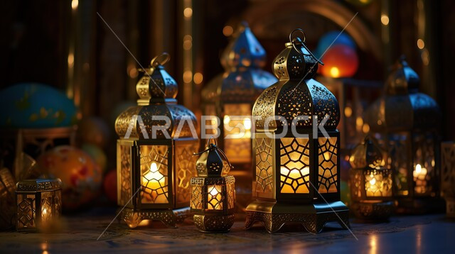 البهجة والفرح بقدوم شهر الخير، المصابيح المضيئة المتميزة, ديكورات متميزة على الطراز الاسلامي، زينة رمضان المبارك, الفوانيس المعدنية التقليدية المزخرفة في الأجواء الروحانية، الاحتفال بالمناسبات والأعياد الدينية