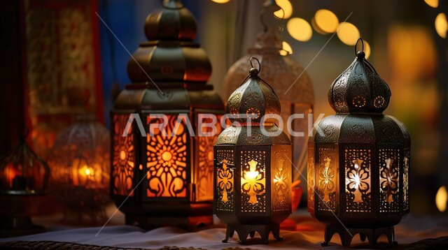 البهجة والفرح بقدوم شهر الخير، المصابيح المضيئة المتميزة, ديكورات متميزة على الطراز الاسلامي، زينة رمضان المبارك, الفوانيس المعدنية التقليدية المزخرفة في الأجواء الروحانية، الاحتفال بالمناسبات والأعياد الدينية