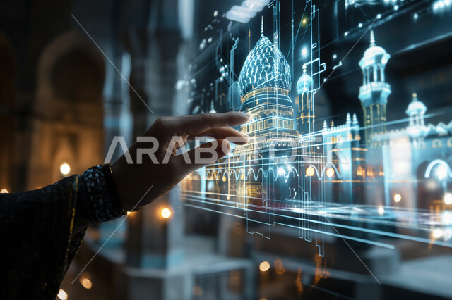 The concept of digital transformation, technical progress and development in the engineering field, a Saudi technological future vision, a close-up image of the hand of a Saudi Gulf Arab engineer pointing to holographic screens and three-dimensional models of the domes and minarets of a mosque
