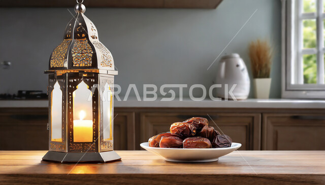 Decorations and lights in the spiritual Ramadan atmosphere, a close-up of a illuminated decorative metal lantern on a wooden table with a plate of dates, traditional Islamic antiques to celebrate the coming of the month of goodness, decorations for the blessed Ramadan in the Islamic style