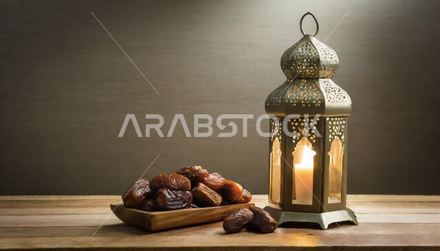 ديكورات وأنوار في الأجواء الرمضانية الروحانية، صورة مقربة لفانوس معدني مزخرف مضيء على طاولة خشبية مع طبق من التمر، تحف اسلامية تقليدية للاحتفال بقدوم شهر الخير، زينة رمضان المبارك على الطراز الاسلامي