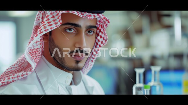 أجهزة الفحص الدقيقة للمواد الكيمائية ,الطب والرعاية الصحيه, مفهوم البحث والتطوير العلمي, تطور التكنولوجيا الحيوية في المختبرات العلمية في المملكة العربية السعودية, صورة مقربة لطبيب عربي خليجي سعودي ينظر الى شيء ما بتعابير الجدية