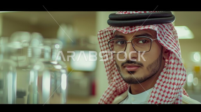 الطب والرعاية الصحيه, مفهوم البحث والتطوير العلمي, تطور التكنولوجيا الحيوية في المختبرات العلمية في المملكة العربية السعودية، أجهزة الفحص الدقيقة للمواد الكيمائية, صورة مقربة لطبيب يرتدي النظارات الطبية ينظر الى شيء ما بتعابير الجدية