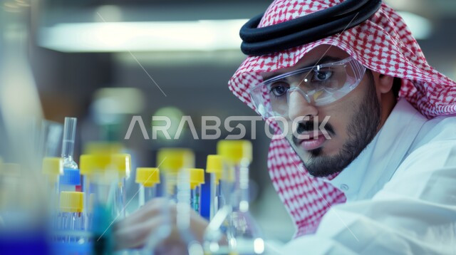 الطب والرعاية الصحيه, تطور التكنولوجيا الحيوية في المختبرات العلمية في المملكة العربية السعودية، مفهوم البحث والتطوير العلمي, صورة مقربة لطبيب عربي خليجي سعودي يرتدي النظارات يقوم بوضع الانابيب الزجاجية في مركز الأبحاث الطبية المتطور