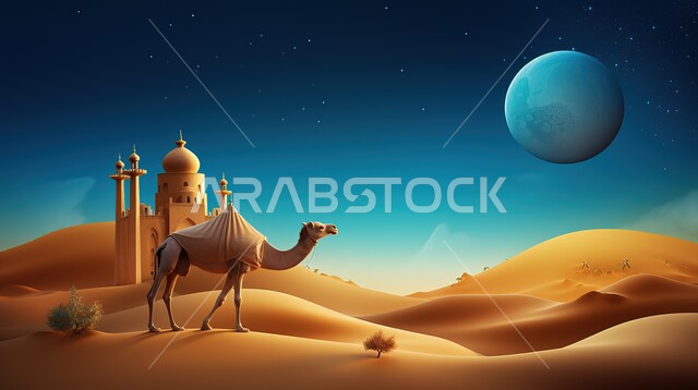 بطاقة تهنئة بمناسبة عيد الاضحى المبارك، مفهوم رعاية المواشي والثدييات، حيوانات التنقل والسفر في القدم، رسوم توضيحية لجمل يمشي على الكثبان الرملية، خلفية قبب ومآذن المساجد  في المناطق الصحراوية في المملكة العربية السعودية