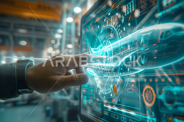 تحقيق الثورة الصناعية، رؤية سعودية 2030، الشركات الجوية العربية السعودية، استخدام علوم وتكنولوجيا الذكاء الاصطناعي في المصانع الهندسية، مجسم ثلاثي الأبعاد لطائرة بتقنية الهولوجرام، صورة مقربة ليد مهندس يعمل على صيانة وإنشاء الطائرات النفاثة الحديثة
