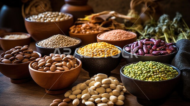 مجموعة متنوعة من البقوليات، اطباق من الحبوب الصحية ذات القيمة الغذائية العالية، أوعية مليئة بالبذور المغذية والمفيدة، منتجات ومحاصيل وطنية محلية في المملكة العربية السعودية