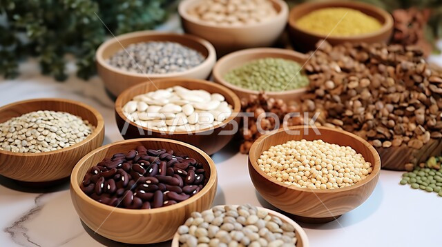 مجموعة متنوعة من البقوليات، اطباق من الحبوب الصحية ذات القيمة الغذائية العالية، أوعية مليئة بالبذور المغذية والمفيدة، منتجات ومحاصيل وطنية محلية في المملكة العربية السعودية