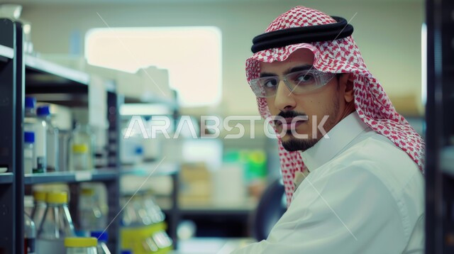 أجهزة الفحص الدقيقة للمواد الكيمائية, مفهوم البحث والتطوير العلمي, تطور التكنولوجيا الحيوية في المختبرات العلمية في المملكة العربية السعودية، الطب والرعاية الصحيه, صورة مقربة لطبيب عربي خليجي سعودي يرتدي الزي التقليدي يجلس في مركز الأبحاث الطبية المتطور
