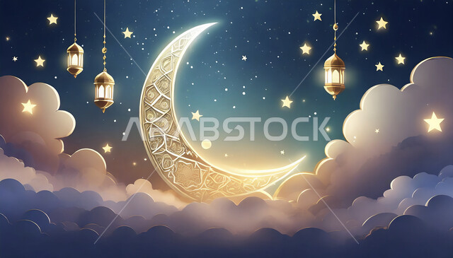 Lanterns and shining stars above the clouds, 3D drawings of the moon in the sky, the crescent moon of the holy month of Ramadan, decorations and lighting to welcome Islamic religious holidays and occasions