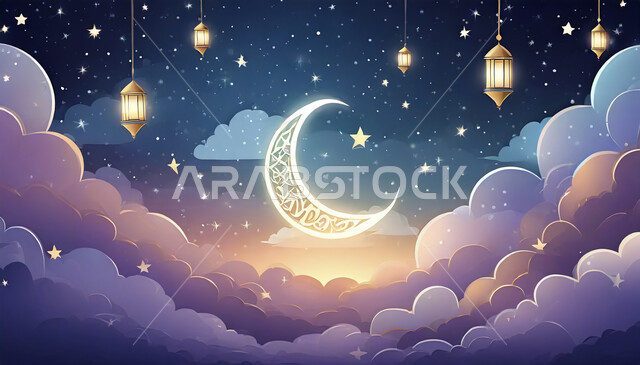 Lanterns and shining stars above the clouds, 3D drawings of the moon in the sky, the crescent moon of the holy month of Ramadan, decorations and lighting to welcome Islamic religious holidays and occasions