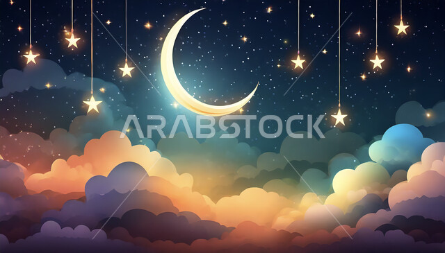 3D rendering of moon in the sky, crescent moon of the holy month of Ramadan, decorations and lighting for Islamic religious holidays and occasions, shining stars above the clouds