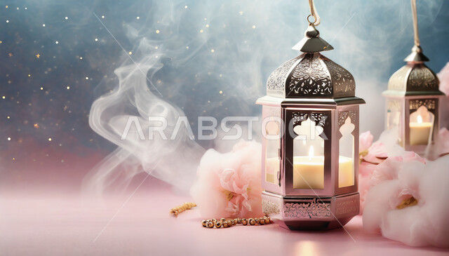 فانوس عربي معدني مزخرف مضيء، إضاءة وزينة شهر رمضان المبارك، ديكورات وأنوار في الأجواء الرمضانية الروحانية، فوانيس و تحف اسلامية تقليدية للاحتفال بقدوم شهر الخير، الفن الاسلامي للتحف والاكسسوارات، خلفية وردية
