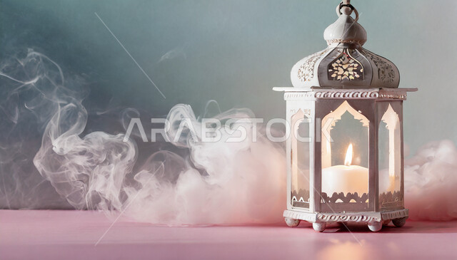 الفن الاسلامي للتحف والاكسسوارات، فانوس عربي معدني مزخرف مضيء، إضاءة وزينة شهر رمضان المبارك، ديكورات وأنوار في الأجواء الرمضانية الروحانية، فوانيس و تحف اسلامية تقليدية للاحتفال بقدوم شهر الخير، خلفية وردية