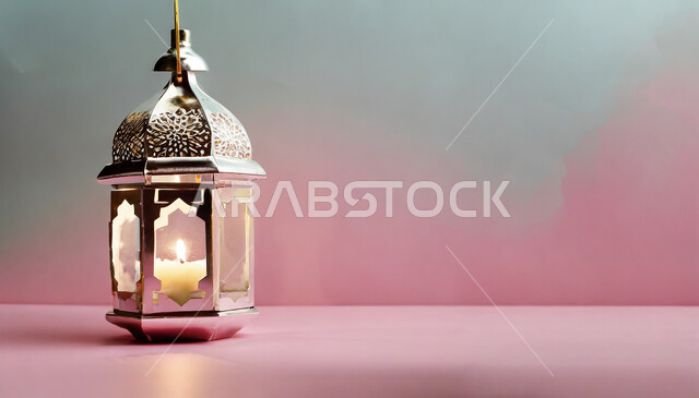 Arabic decorative metal lantern illuminated, Ramadan lighting and decoration, Ramadan spiritual atmosphere decorations and lights, traditional Islamic lanterns and artifacts to celebrate the arrival of the month of goodness, Islamic art of artifacts and accessories, pink background
