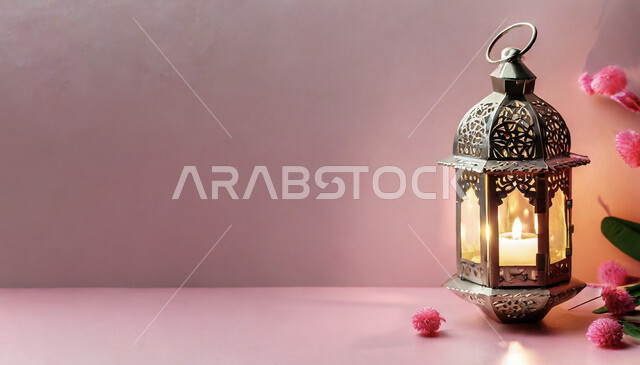 الفن الاسلامي للتحف والاكسسوارات، فانوس عربي معدني مزخرف مضيء، إضاءة وزينة شهر رمضان المبارك، ديكورات وأنوار في الأجواء الرمضانية الروحانية، فوانيس و تحف اسلامية تقليدية للاحتفال بقدوم شهر الخير، خلفية وردية