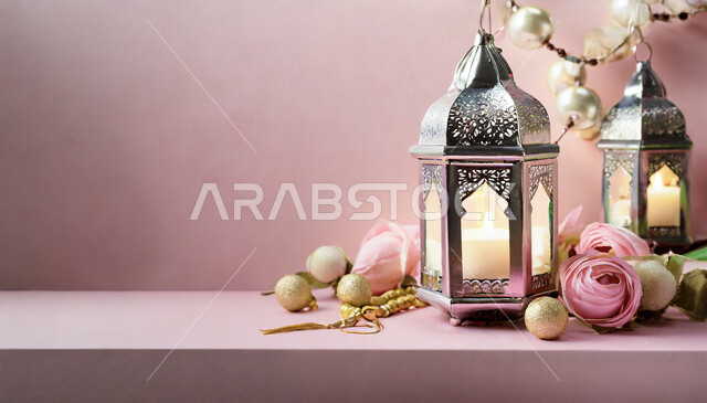 الفن الاسلامي للتحف والاكسسوارات، فانوس عربي معدني مزخرف مضيء، إضاءة وزينة شهر رمضان المبارك، ديكورات وأنوار في الأجواء الرمضانية الروحانية، فوانيس و تحف اسلامية تقليدية للاحتفال بقدوم شهر الخير، خلفية وردية